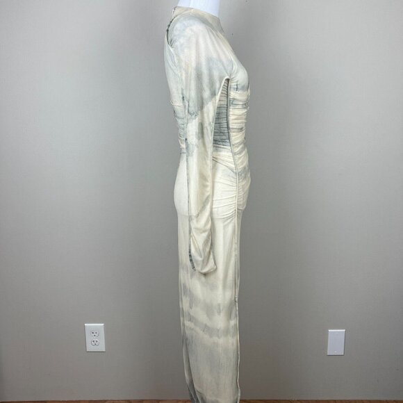 Zara Maxi Dress Womens XS Cream Gray Ruched One Shoulder Long‎ Sleeve Mesh Y2K - Picture 5 of 15